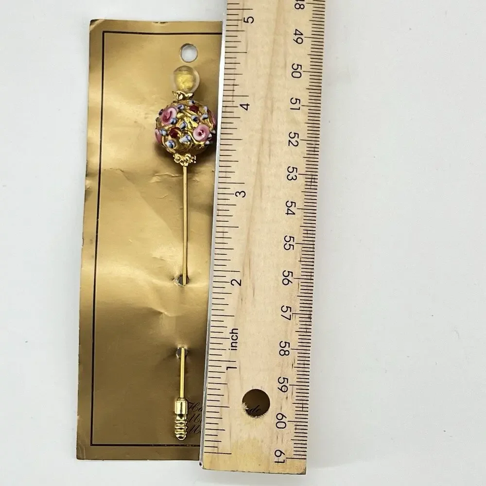 Handmade Murano Glass Hat Pin Gold Foil Floral Venetian Italy Art Glass Vintage